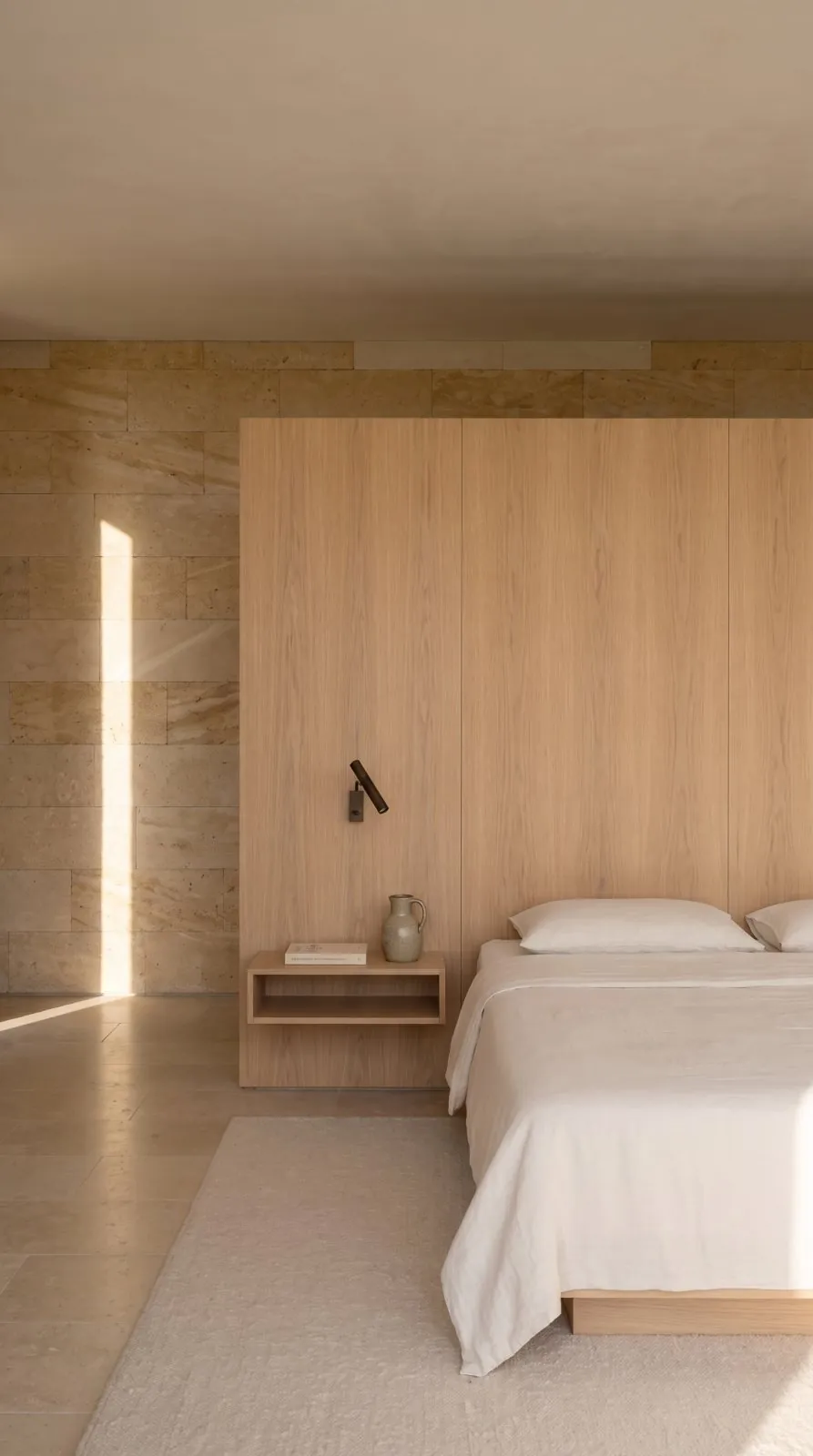 The bed head against sawn stone