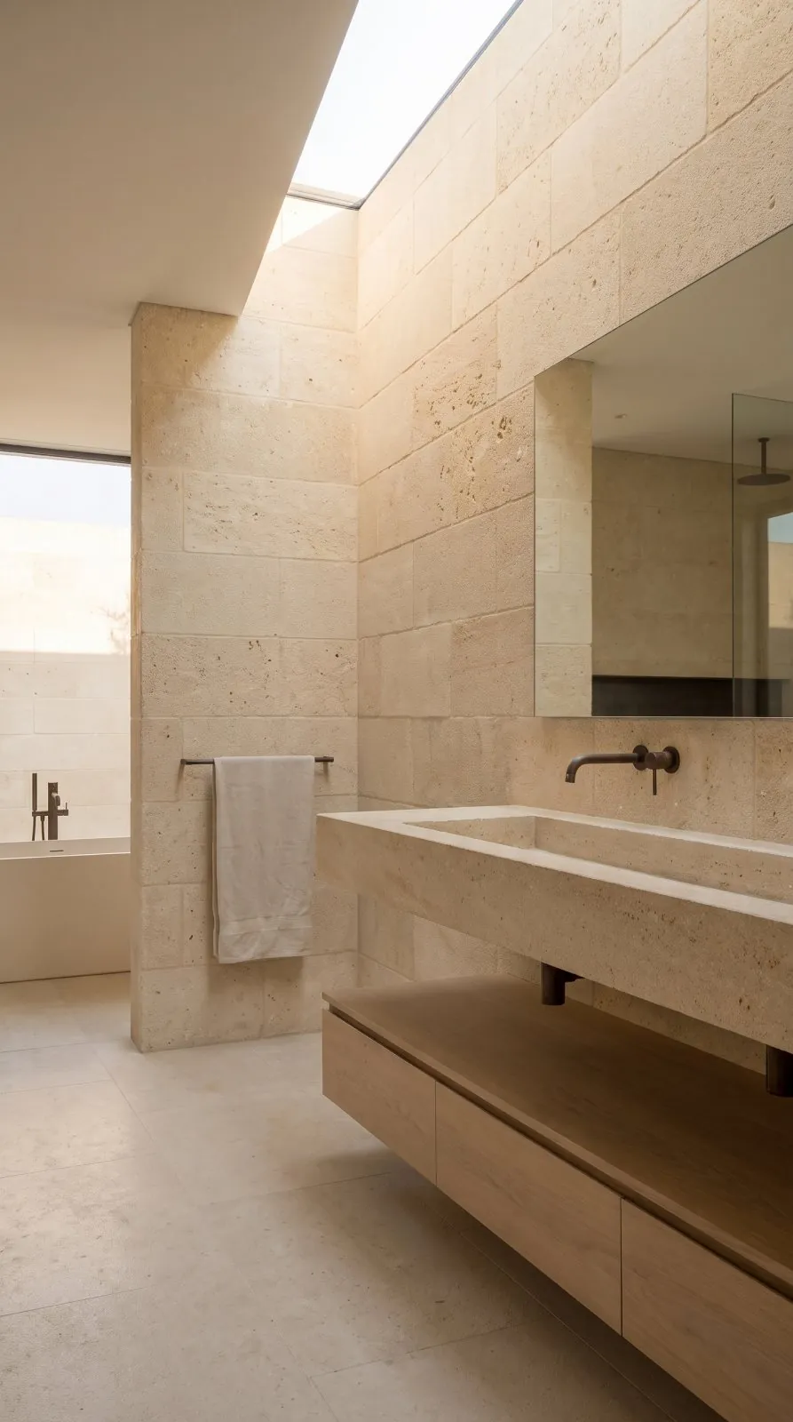 The vanity, cut from the same seam as the walls
