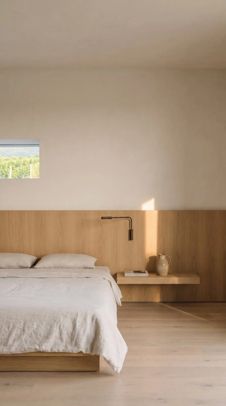 The bed head against lime plaster