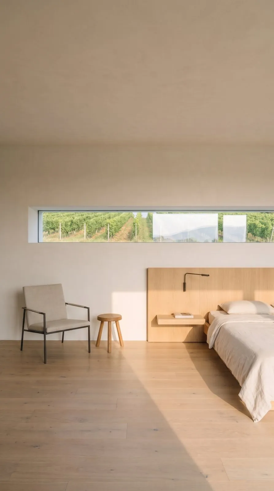 The bedroom window, framed on the valley
