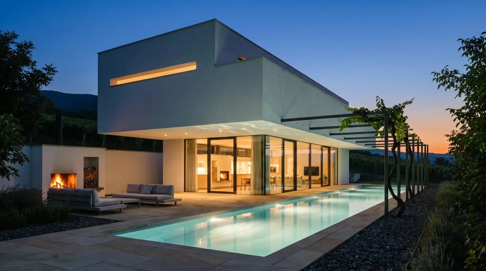 LOZA at dusk, the glazed living floor lit above the pool