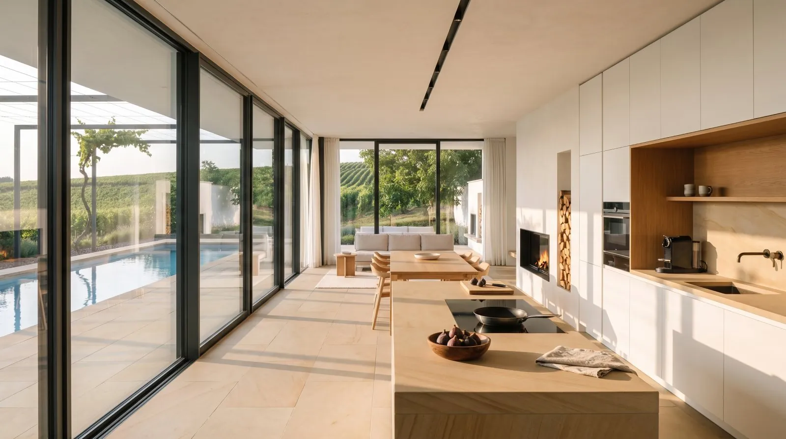 LOZA — the basalt floor of the kitchen, the vineyard beyond
