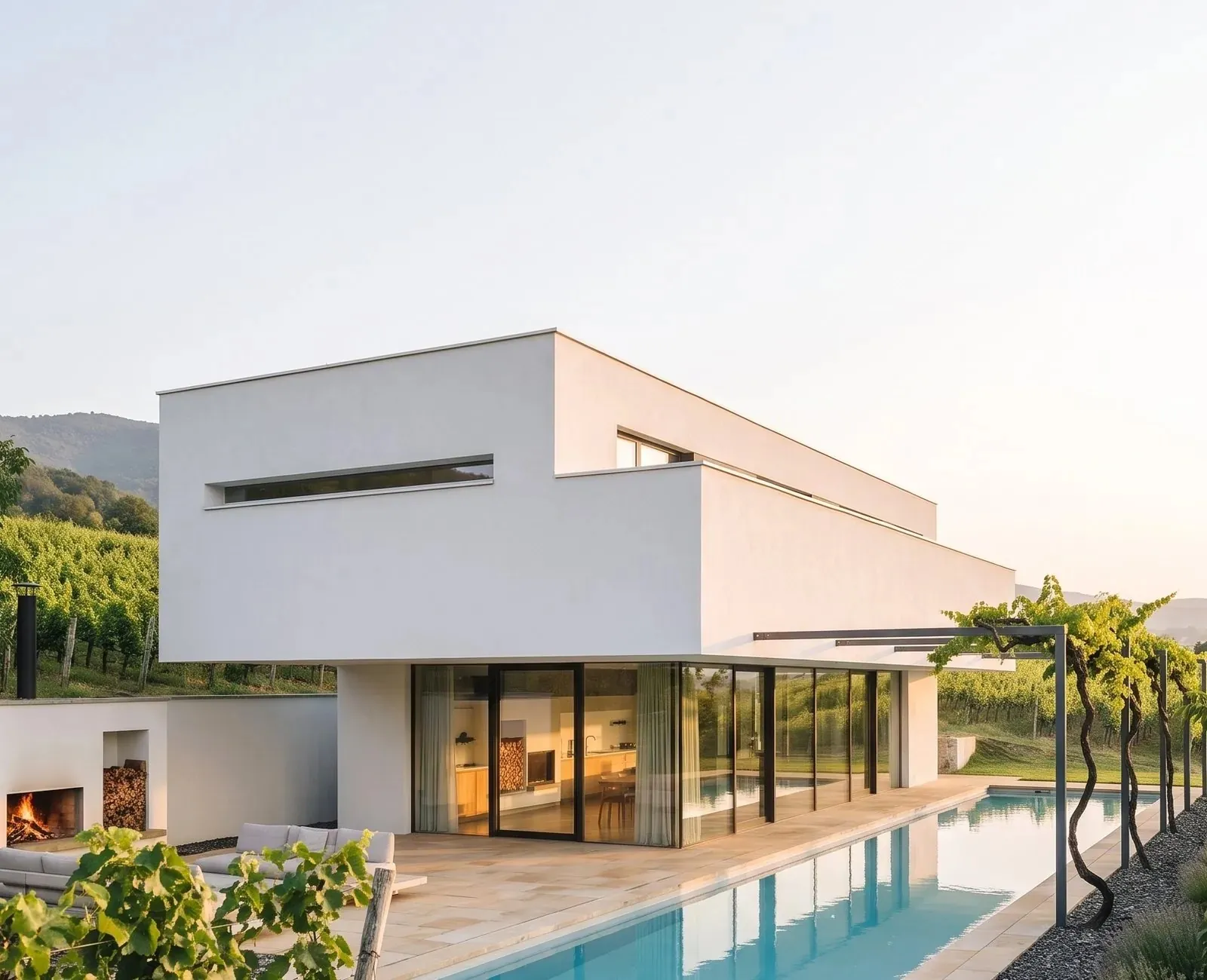 LOZA, the white upper floor carried over the terrace above the vineyard